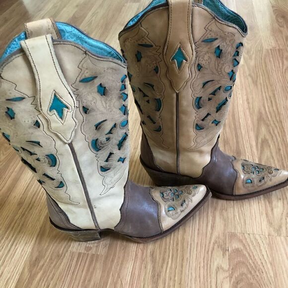 CORRAL VINTAGE Brown/Turquoise Laser Tool Leather C1620 - Picture 8 of 16